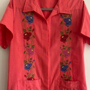 Mexican embroidered floral shirt-dress - Coral, Sz M